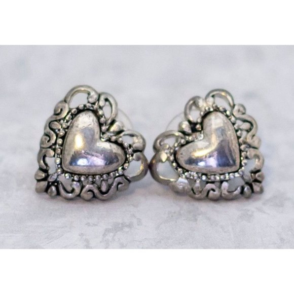 Vintage Silver Tone Earrings, Heart Earrings, Love Dainty Stud Earrings - CF1 - Picture 2 of 3